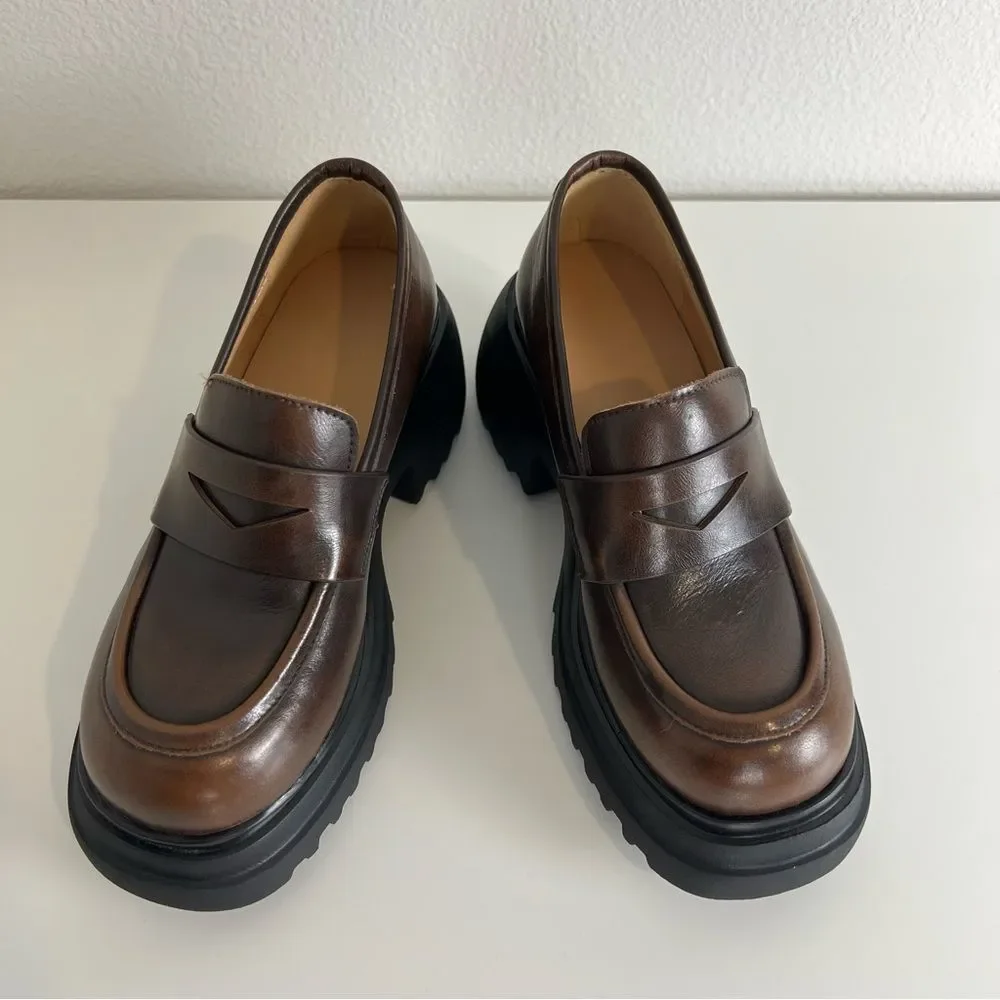 Dwarves Chunky Cowhide Penny Loafers Platform Lug Sole Slip On Preppy‎ Shoes 5